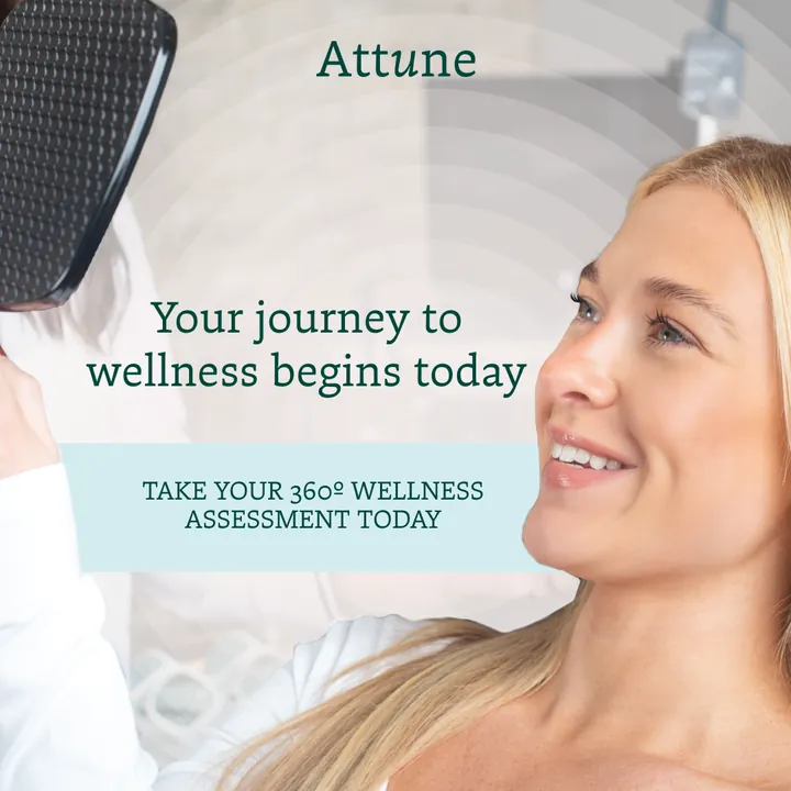 Attune MedSpa launch ad: a smiling patient looks into a hand mirror, with the line "Your journey to wellness begins today"