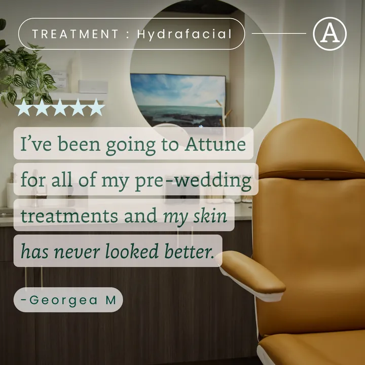 Attune MedSpa review ad: a 5-star review of pre-wedding HydraFacial treatments over a treatment room with a tan chair