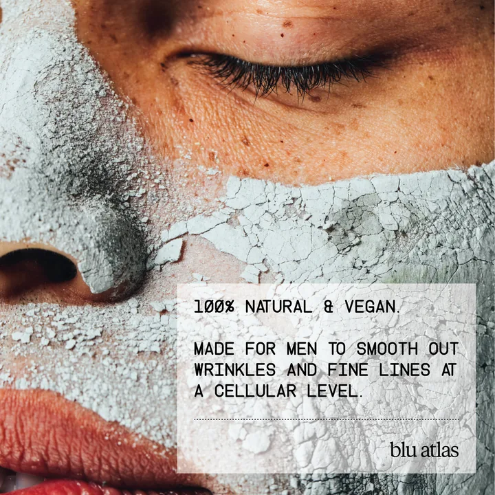 Blu Atlas ad reading 100% natural and vegan, made for men to smooth out wrinkles, over a close-up of a man’s face in a cracked clay mask