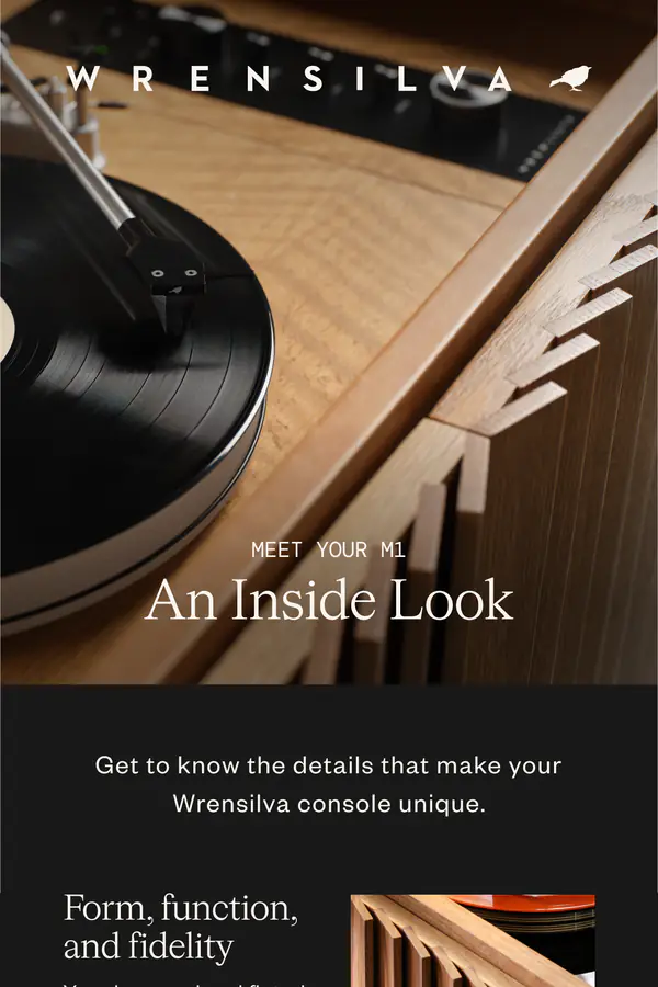 Wrensilva post-purchase email for new M1 owners: "Meet your M1: An Inside Look" with close-ups of the fluted doors, lid, and speakers, short notes on each detail, a quote from co-founder Debra Salyer, and a link to the onboarding video.