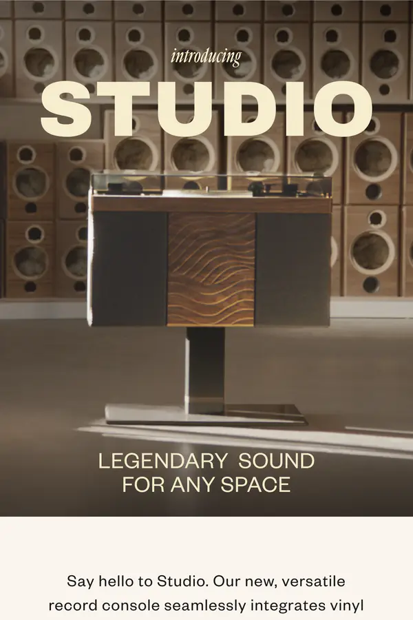 Wrensilva launch email for the Studio record console: an "Introducing Studio" hero in front of a wall of speakers, then close-ups of the carved walnut speaker doors, the turntable, and album storage, each with a short caption, and a "Meet Studio" button.