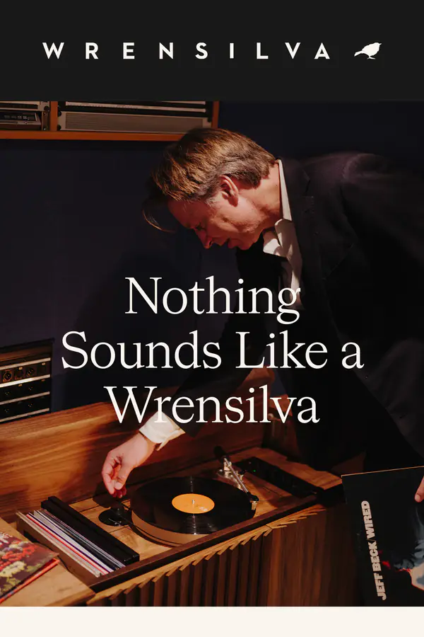Wrensilva welcome email: "Nothing Sounds Like a Wrensilva" over a listener at a turntable, close-ups of the speakers and controls, a quote from Grammy-winning mix engineer Manny Marroquin, and an invitation to book a demo at a showroom.
