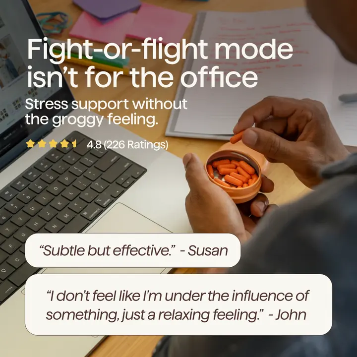 First Person Golden Hour ad: fight-or-flight mode isn't for the office, with capsules and customer reviews
