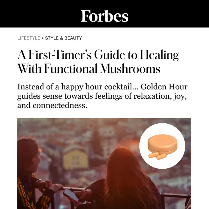 First Person ad styled as a Forbes article: a first-timer's guide to healing with functional mushrooms