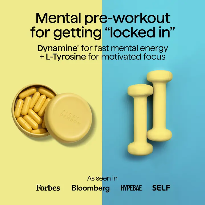 First Person Sunbeam ad: mental pre-workout for getting locked in, with tins beside yellow dumbbells