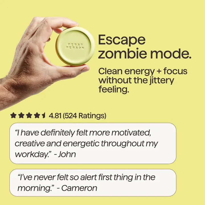 First Person Sunbeam ad: escape zombie mode, with a hand holding the tin and customer reviews