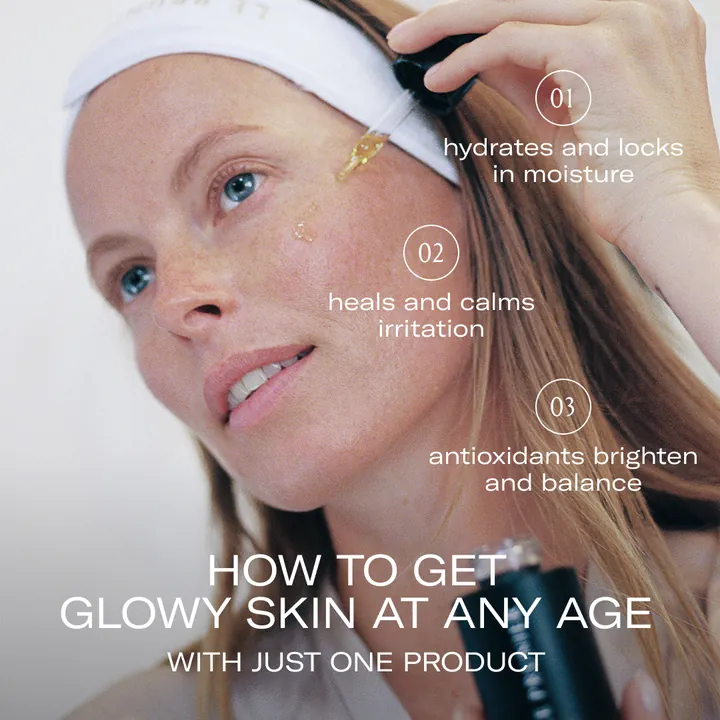 Le Prunier ad on how to get glowy skin at any age: a woman applies Plum Beauty Oil beside 3 numbered benefits
