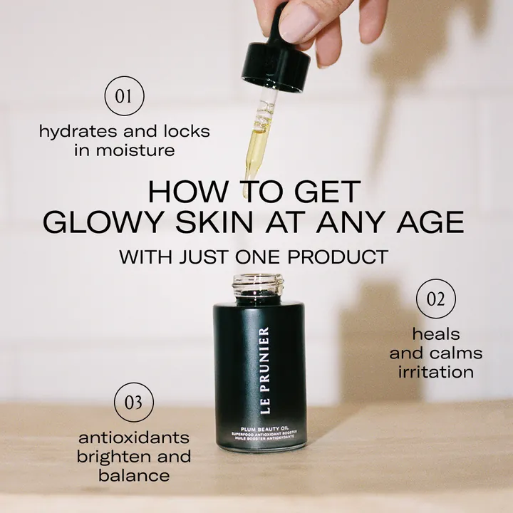 Le Prunier ad on how to get glowy skin at any age: a bottle of Plum Beauty Oil on yellow with 3 numbered benefits