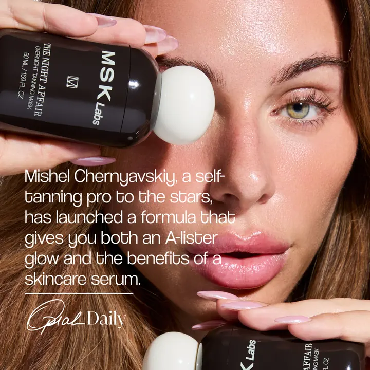 MSK Labs ad quoting Oprah Daily on founder Mishel Chernyavskiy's overnight tanning formula