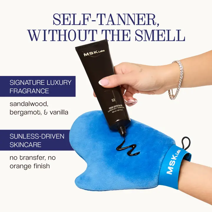 MSK Labs ad: self-tanner without the smell, with The Quickie and a blue tanning mitt