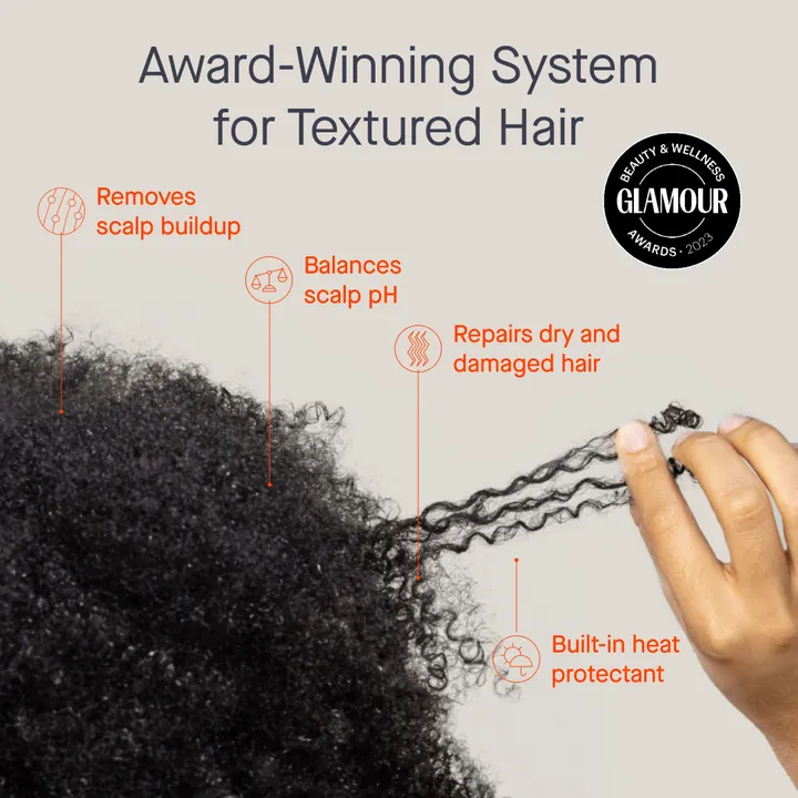 OurX ad for its award-winning system for textured hair, with a Glamour awards badge and 4 benefit callouts on natural coils