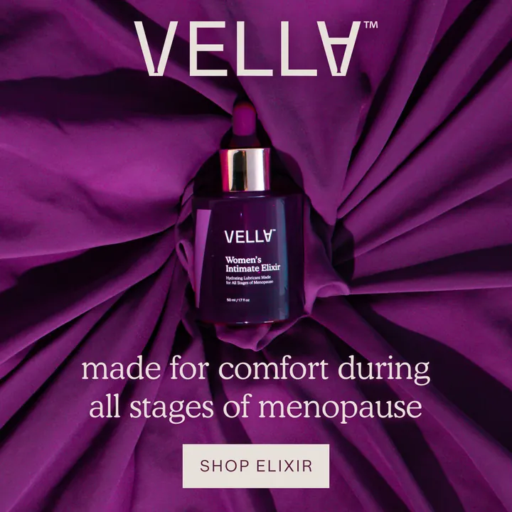Vella ad for its Women’s Intimate Elixir, made for comfort during all stages of menopause, on purple silk