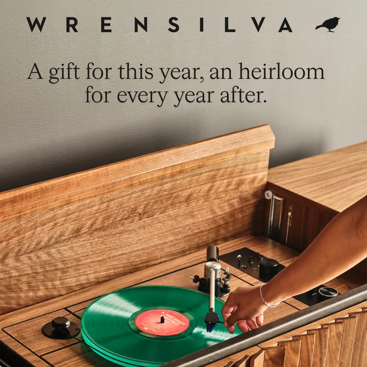 Wrensilva gifting ad with a green vinyl record on a walnut console