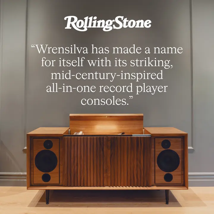 Wrensilva ad quoting Rolling Stone on its mid-century inspired record consoles